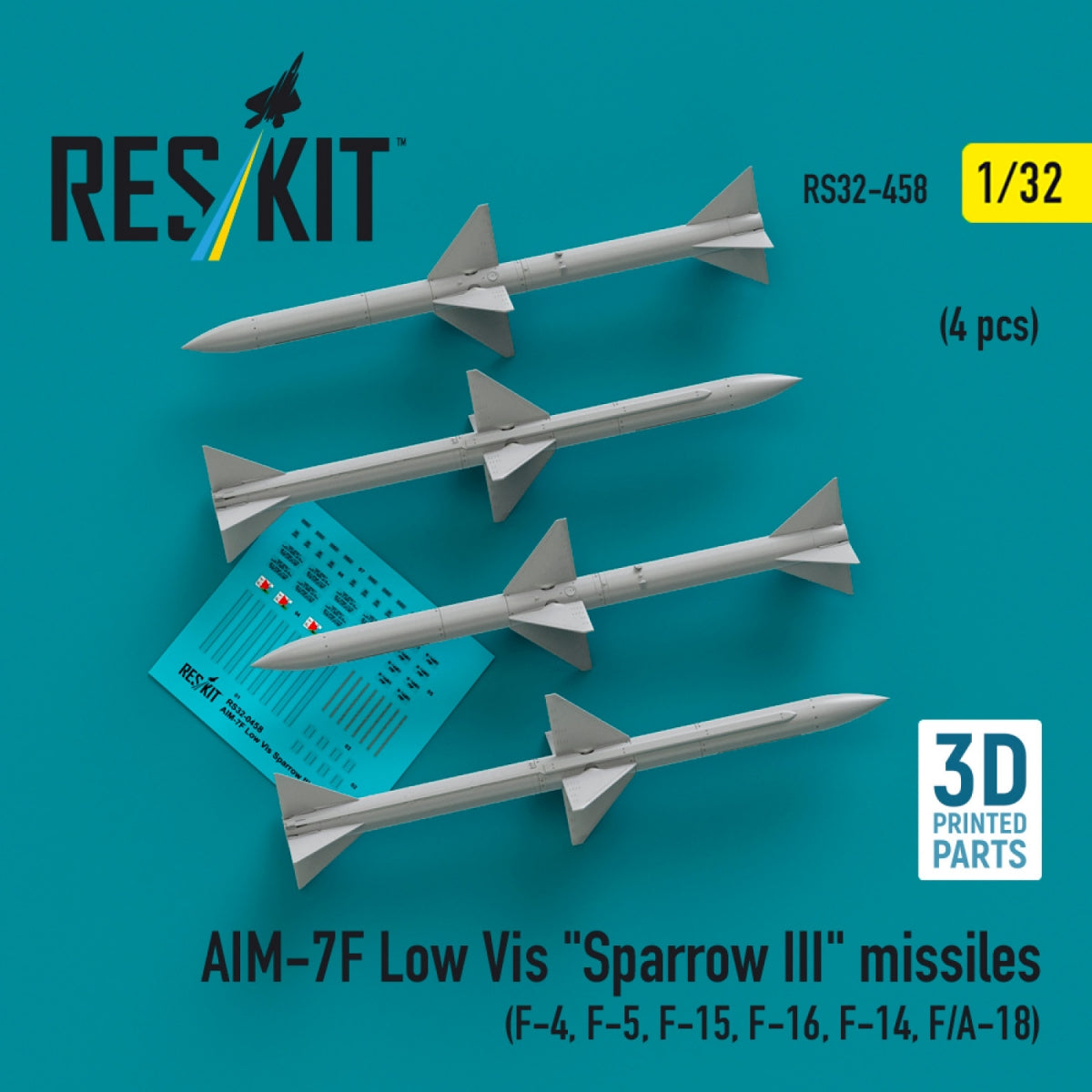 RESKIT RS32-0458 AIM-7F Low Vis "Sparrow III" missiles (4 pcs) (3D Printed) 1/32