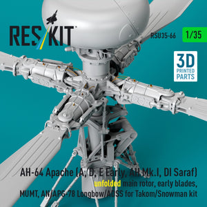 RESKIT RSU35-0066 AH-64 Apache (A, D, E Early, AH Mk.I, DI Saraf) unfolded main rotor, early blades, MUMT, AN/APG-78 Longbow/ADSS for Takom/Snowman kit (3D Printed) 1/35