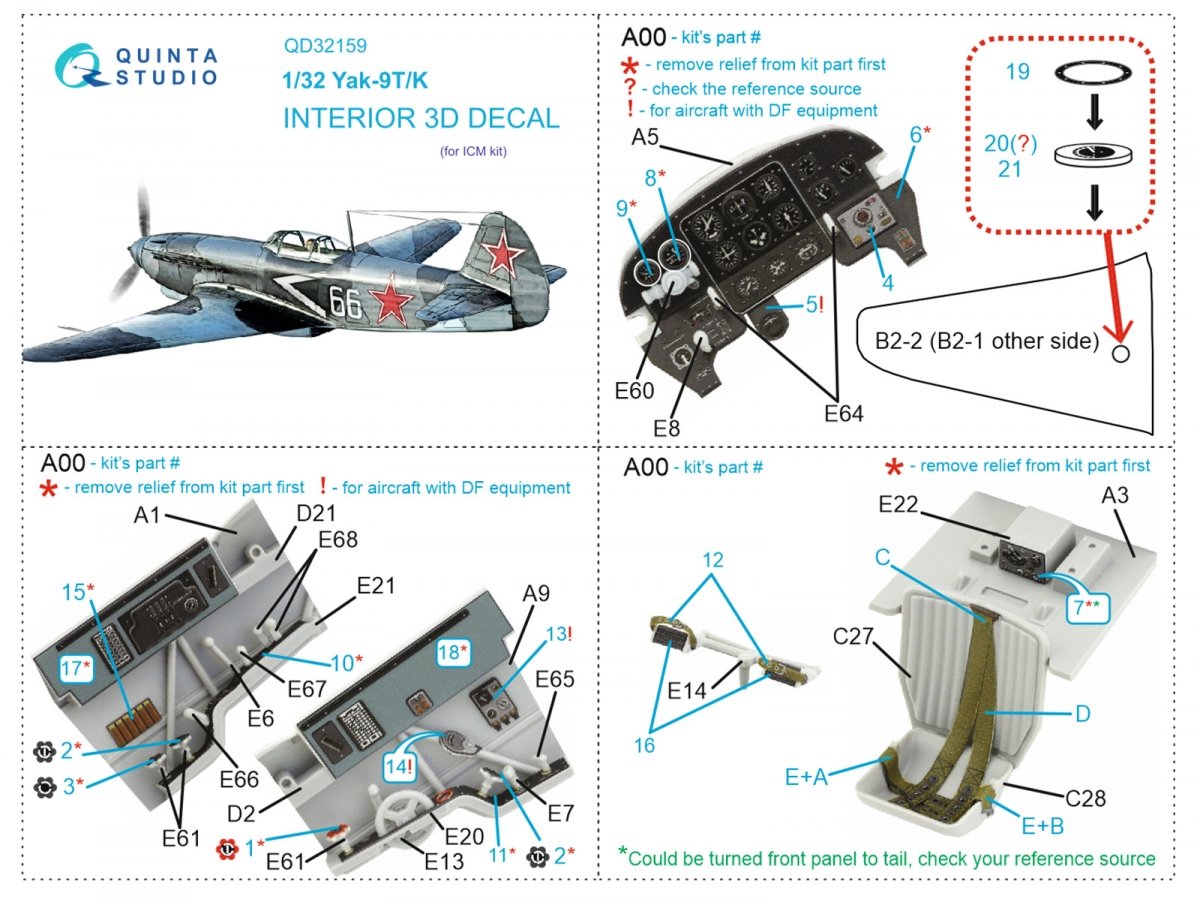 Quinta Studio QD32159 Yak-9 T/K 3D-Printed &amp;amp; coloured Interior on decal paper (ICM) 1/32 – imagen 11