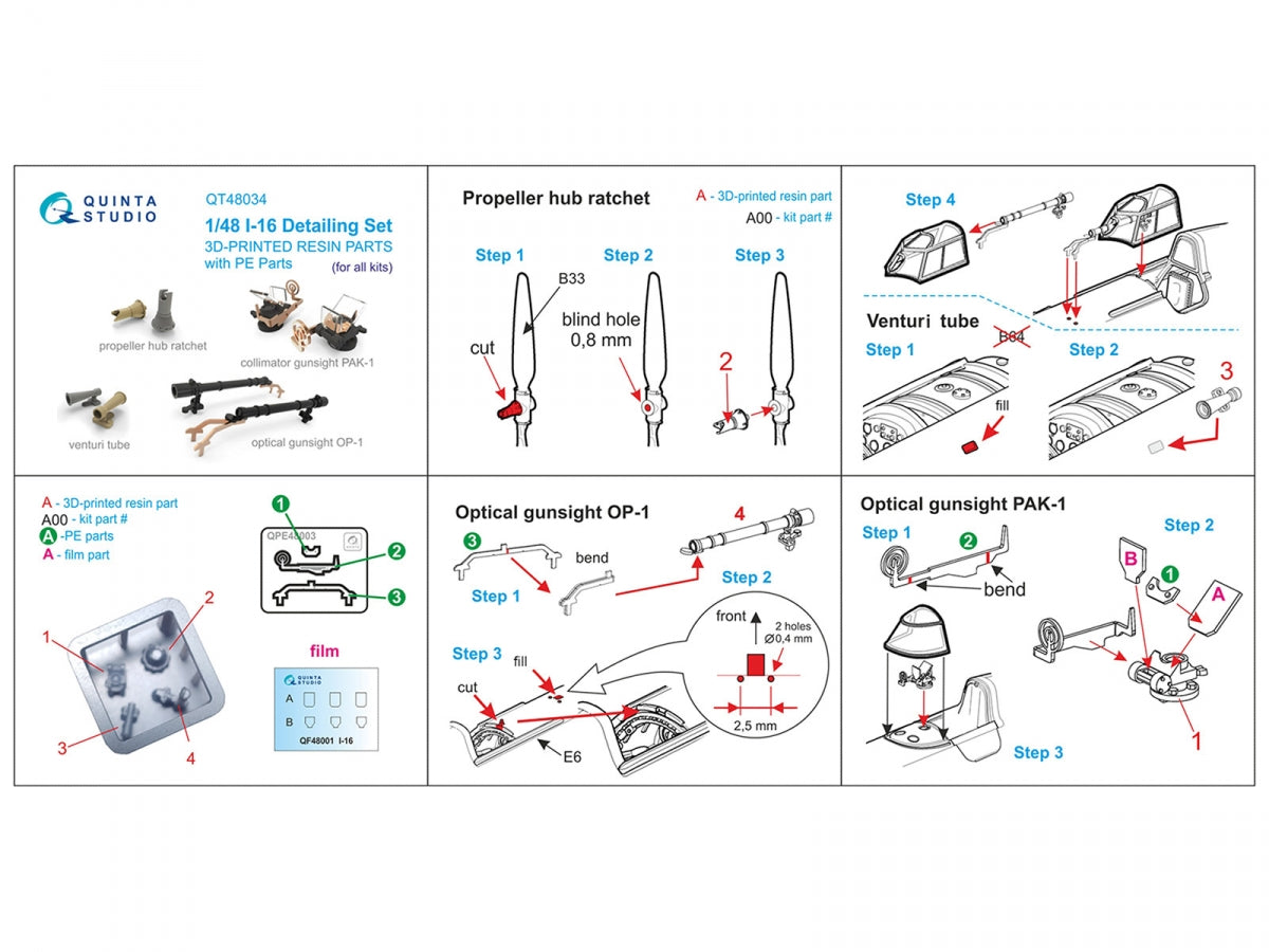 Quinta Studio QT48034 I-16 Detail set: Propeller hub ratchet, Venturi tube, PAK-1 gunsight, OP-1 gunsight (all kits) 1/48 – zdjęcie 11