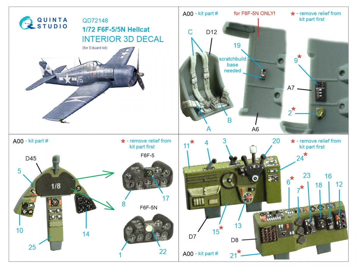 Quinta Studio QD72148 F6F-5 Hellcat 3D-Printed coloured Interior on decal paper (Eduard) 1/72 – imagen 2