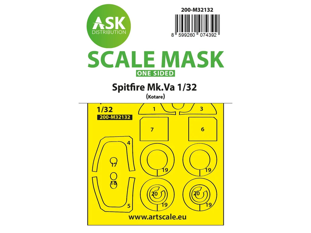 Art Scale Kit M32132 Spitfire Mk.Va One-Sided Express Fit and Self Adhesive Mask for Kotare 1/32