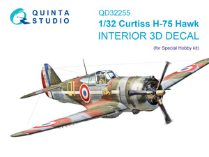 Intérieur imprimé en 3D et coloré sur papier décalcomanie Quinta Studio QD32255 Curtiss H-75 Hawk (Special Hobby) 1/32