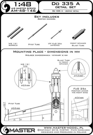 Master AM-48-146 Do 335 A – zestaw detali – MG 151, antena FuG 25a, rurka Pitota 1/48 – immagine 3