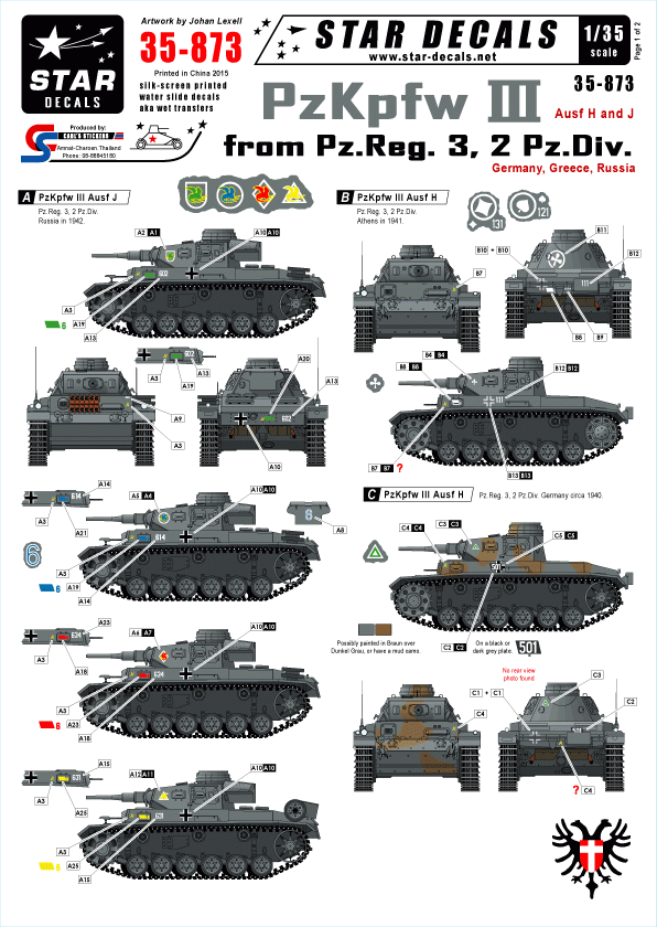 Star Decals 35-873 PzKpfw III du Pz.Reg.3, 2. Pz.Div. 1/35