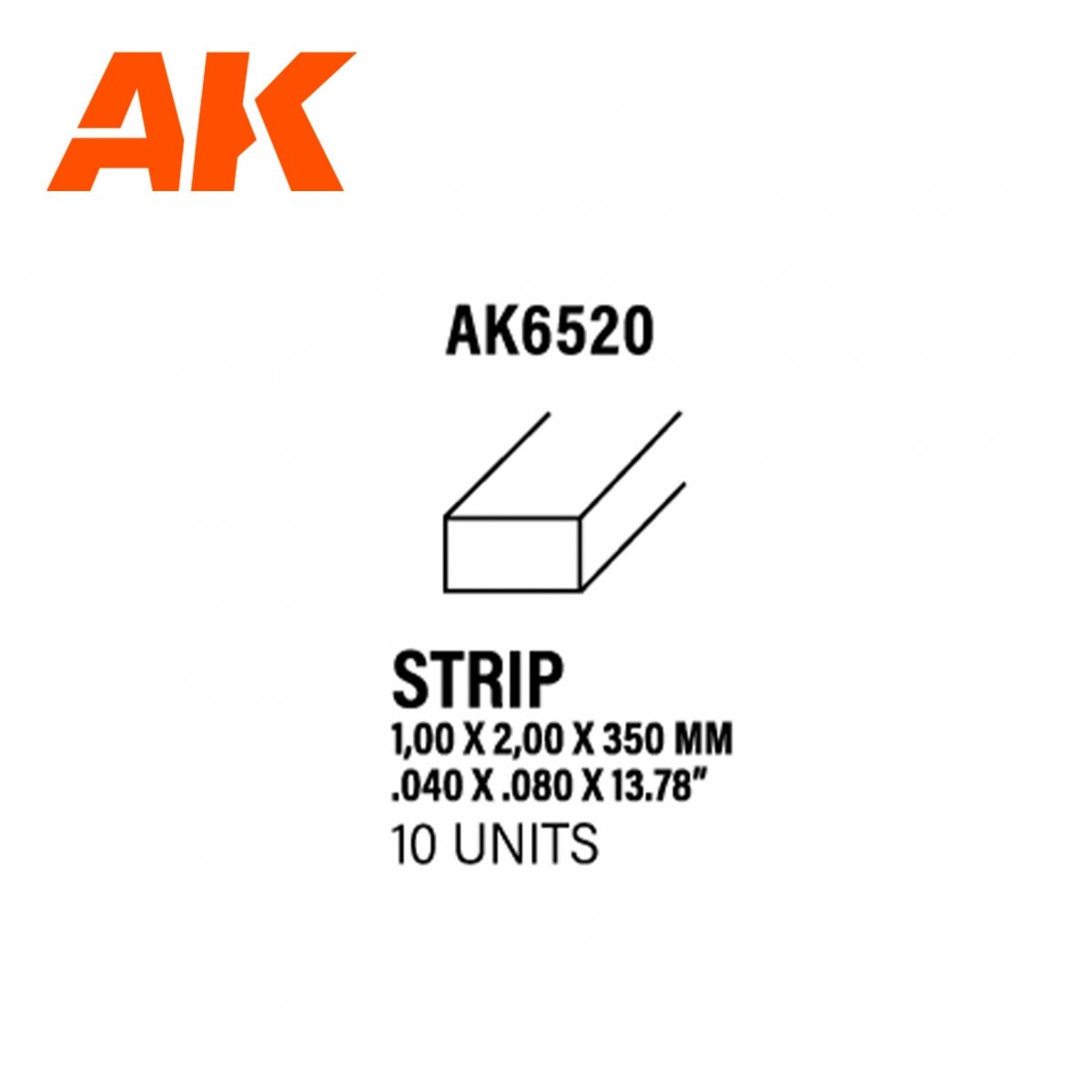 AK Interactive AK6520 STRIPS 1.00 X 2.00 X 350MM – STYRENE STRIP – (10 UNITS)