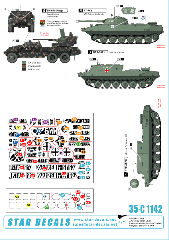 Star Decals 35-C1142 Serbian (SVK and VRS) M18 Hellcat, M36B2 Jackson, M84, PT-76B, BTR-50PK, M53/59 Praga SPAAG 1/35 – Bild 2