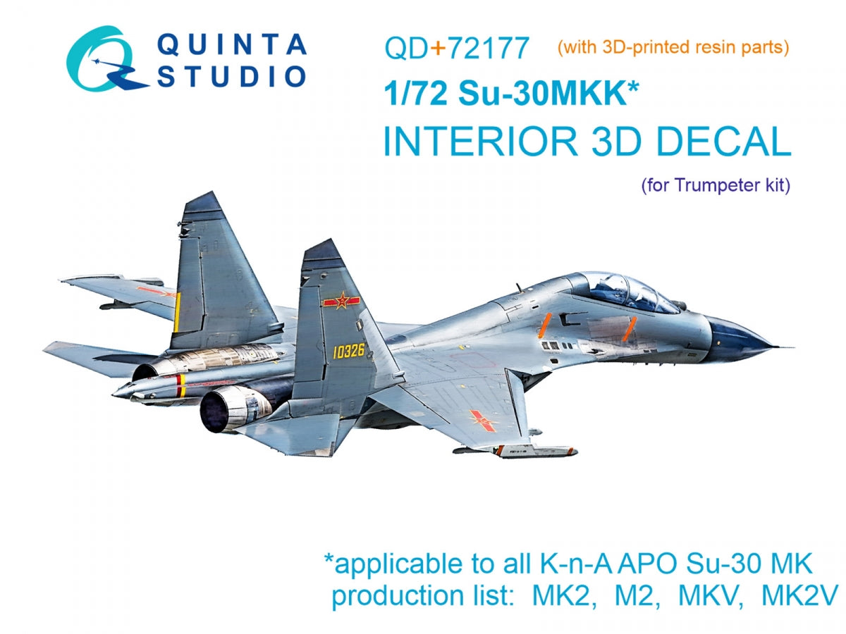 Intérieur imprimé en 3D et coloré sur papier décalcomanie (Trumpeter) pour Su-30MKK de Quinta Studio QD+72177 (avec pièce en résine imprimée en 3D) à l&amp;#39;échelle 1/72