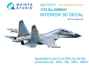 Intérieur imprimé en 3D et coloré sur papier décalcomanie (Trumpeter) pour Su-30MKK de Quinta Studio QD+72177 (avec pièce en résine imprimée en 3D) à l&amp;#39;échelle 1/72
