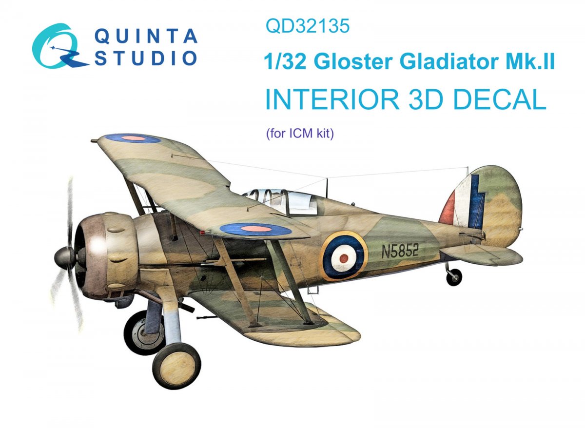 Intérieur imprimé en 3D et coloré sur papier décalcomanie (ICM) Quinta Studio QD32135 Gloster Gladiator Mk II 1/32 
