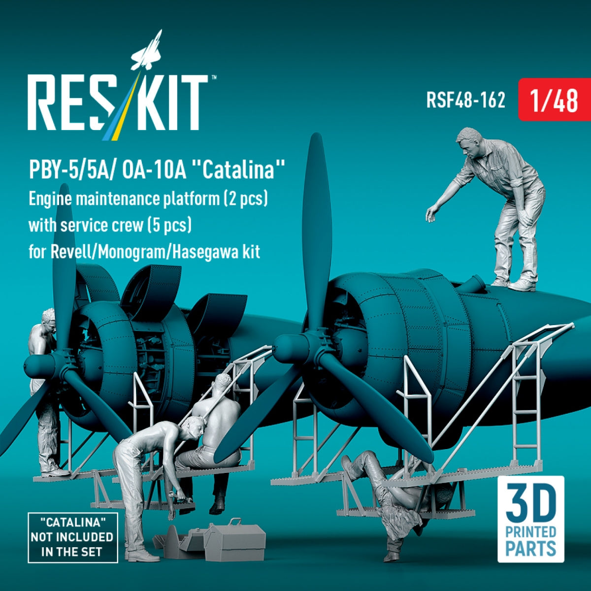 RESKIT RSF48-0162 PBY-5/5A/ OA-10A "Catalina" Engine maintenance platform (2 pcs) with service crew (5 pcs) for Revell/Monogram/Hasegawa kit (3D Printed) 1/48