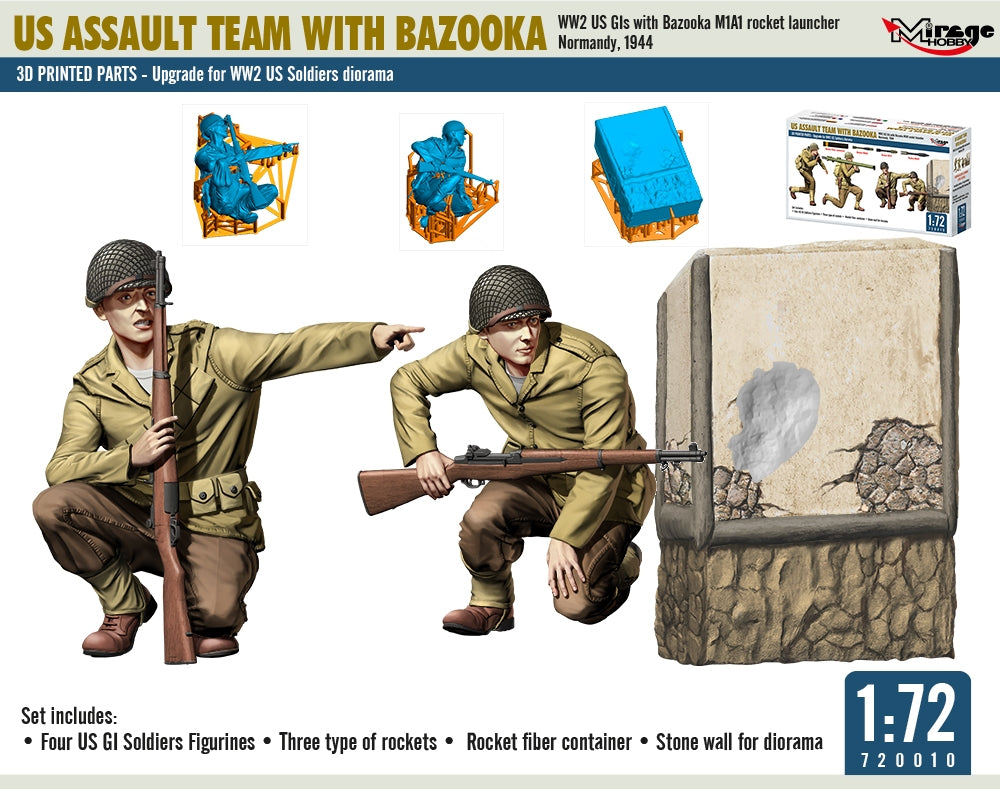 Mirage Hobby 720010 US ASSAULT TEAM WITH BAZOOKA, WW2 US GIs with Bazooka M1A1 Rocket Launcher Normandy, 1944 1/72 – zdjęcie 4