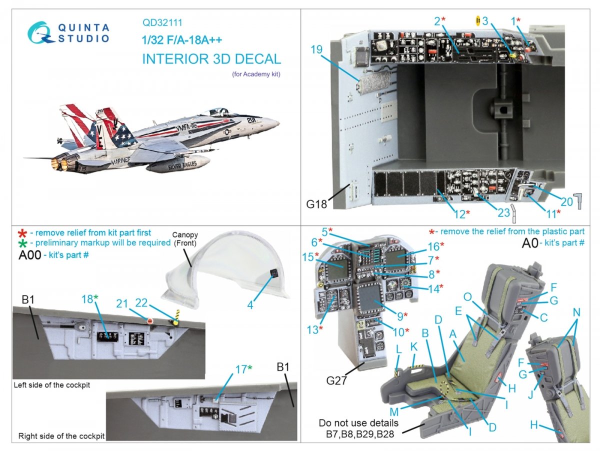 Quinta Studio QD32111 F/A-18A++ 3D-Printed &amp;amp; colored Interior on decal paper (Academy) 1/32 – image 14