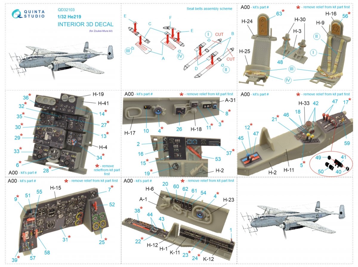 Quinta Studio QD32103 He 219 3D-Printed &amp;amp; coloured Interior on decal paper ( ZM SWS ) 1/32 – zdjęcie 2