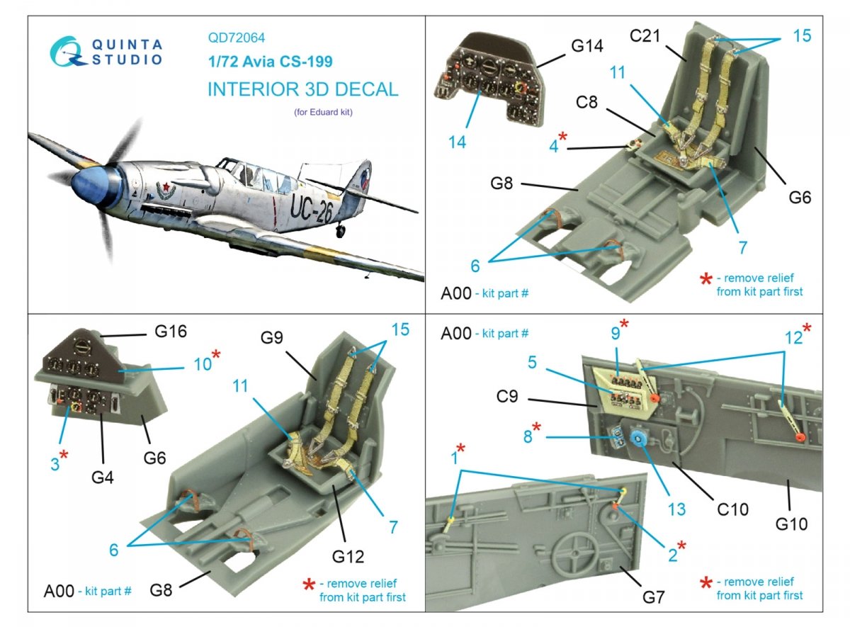 Intérieur imprimé en 3D et coloré sur papier décalcomanie (Eduard) Quinta Studio QD72064 Avia CS-199, échelle 1/72 – image 2