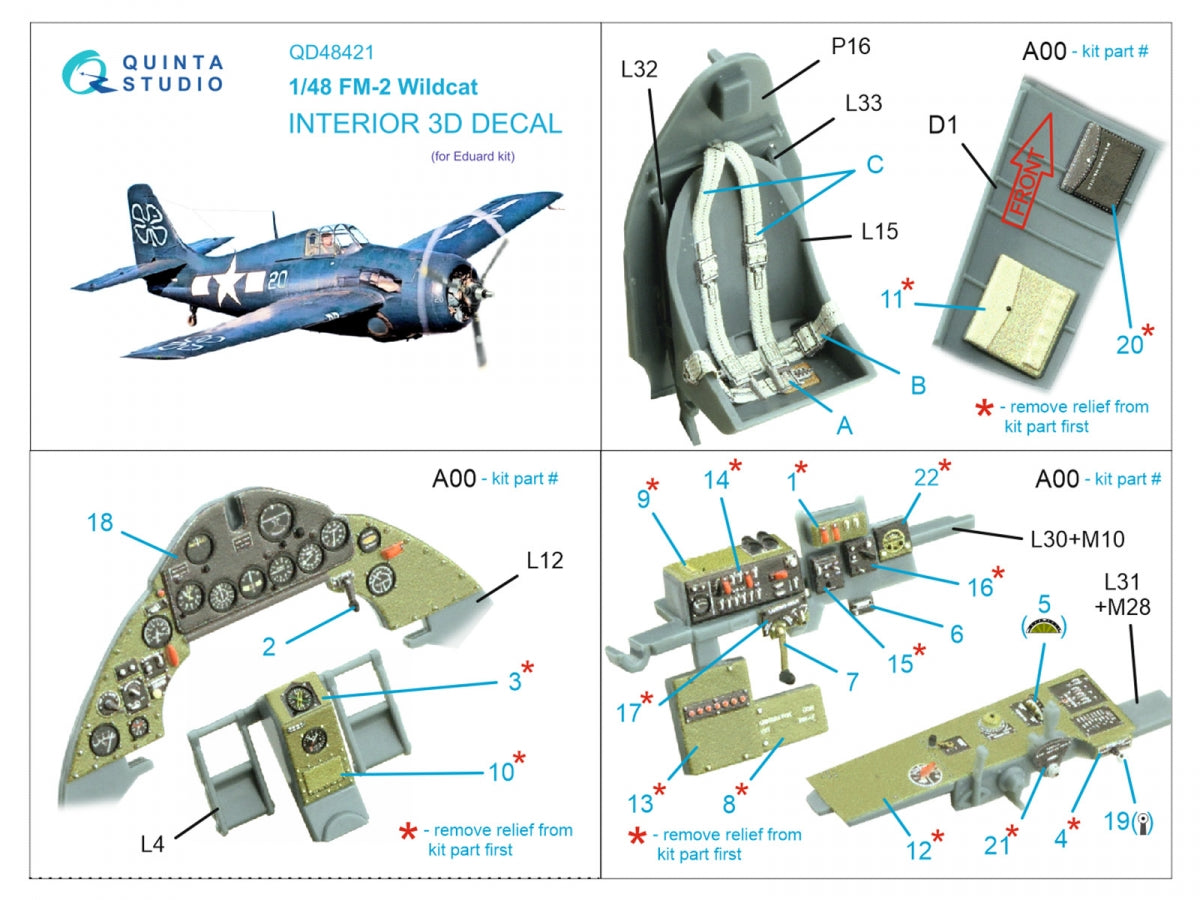Quinta Studio QD48421 FM-2 Wildcat 3D-Printed &amp;amp; coloured Interior on decal paper (Eduard) 1/48 – imagen 2