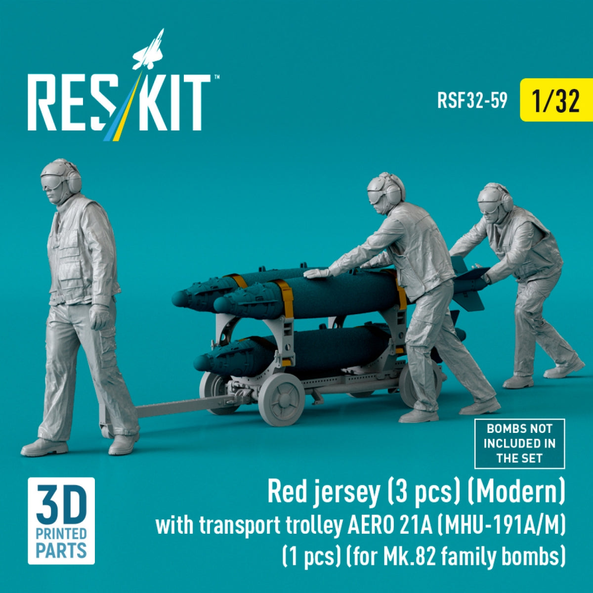RESKIT RSF32-0059 Red jersey (3 pcs) (Modern) with transport trolley AERO 21A (MHU-191A/M) (1 pcs) (for Mk.82 family bombs) (3D Printed) 1/32