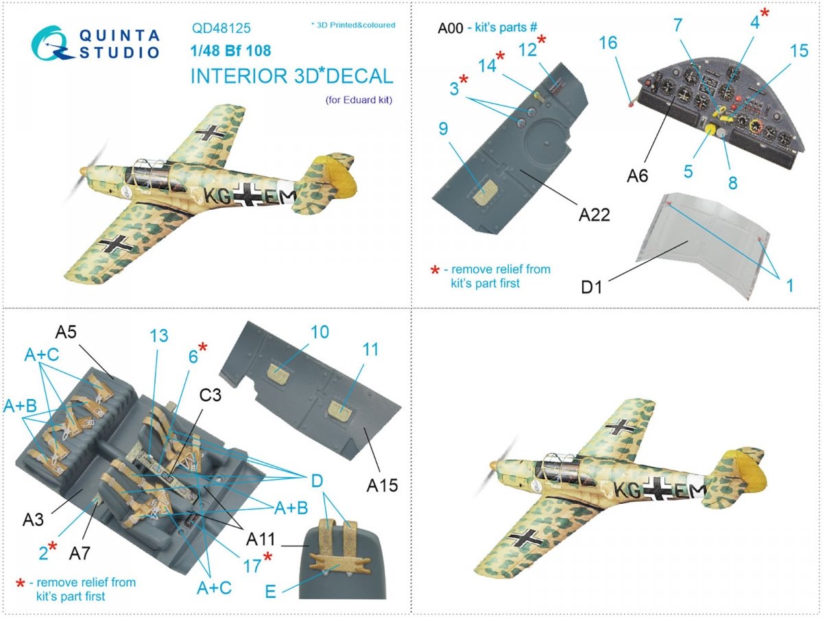 Quinta Studio QD48125 Bf108 3D-Printed &amp;amp; coloured Interior on decal paper (Eduard) 1/48 – imagen 12