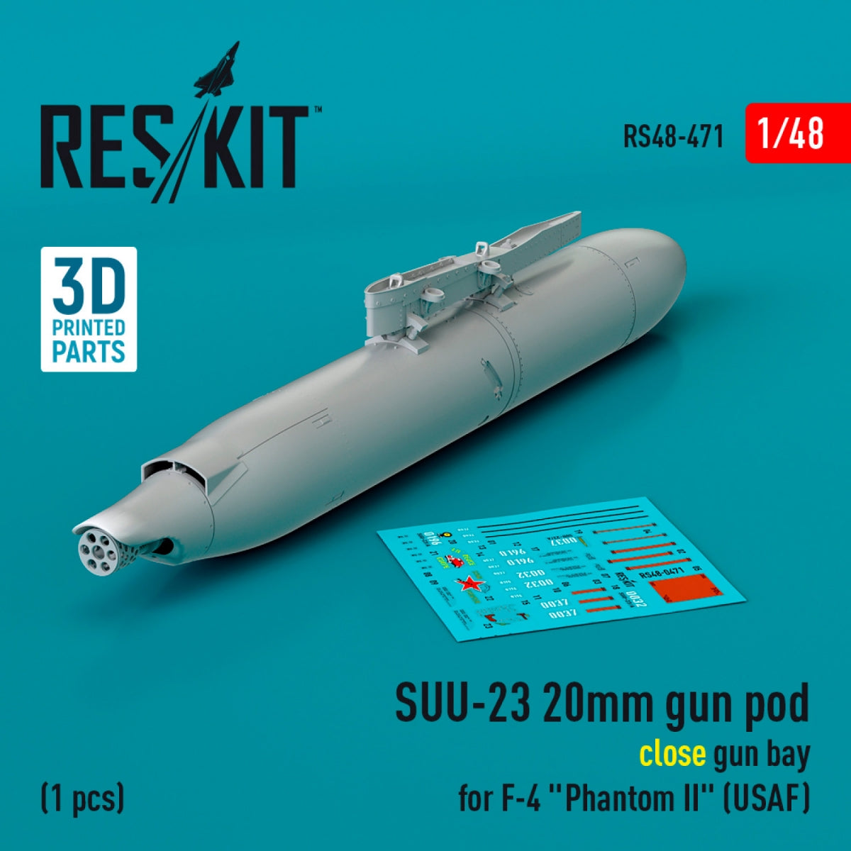 RESKIT RS48-0471 SUU-23 20mm gun pod (close gun bay) for F-4 "Phantom II" (USAF) (1 pcs) (3D Printed) 1/48