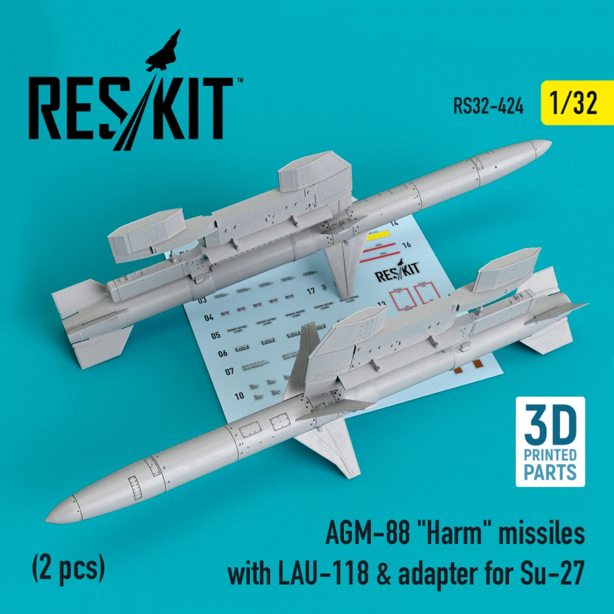 RESKIT RS32-0424 MISSILES AGM-88 « HARM » AVEC LAU-118 ET ADAPTATEUR POUR SU-27 (2 PIÈCES) 1/32