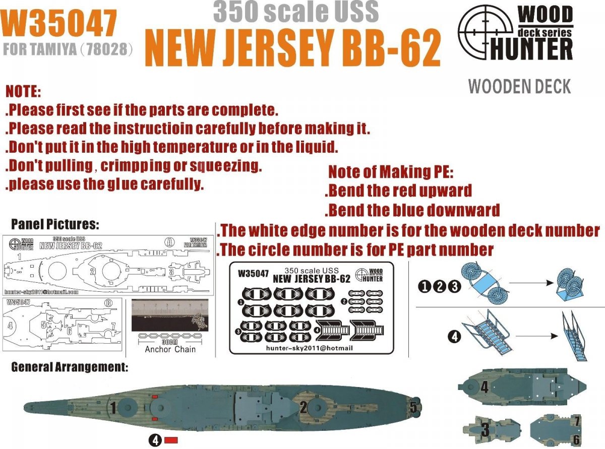 Pont en bois Wood Hunter W35047 New Jersey BB-62 pour Tamiya 78028 1/350