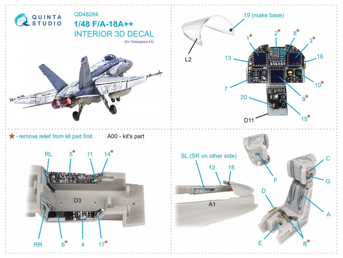 Quinta Studio QD48284 F/A-18A++ 3D-Printed &amp;amp; coloured Interior on decal paper (Hasegawa) 1/48 – immagine 2