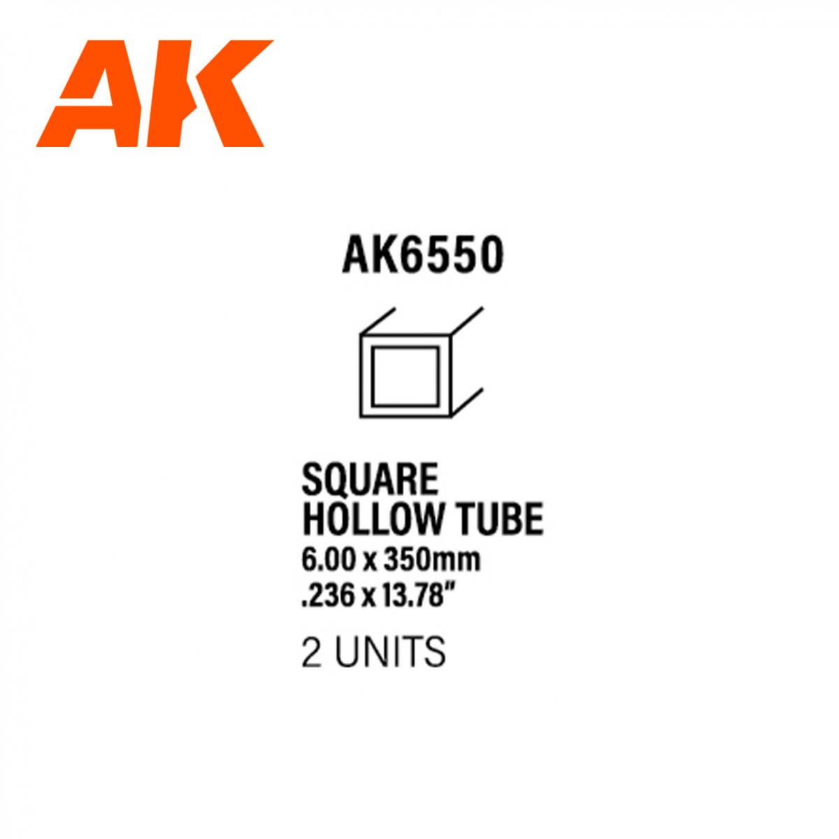 Tube creux carré AK Interactive AK6550 6,00 x 350 mm – Tube creux carré en styrène – (2 unités)