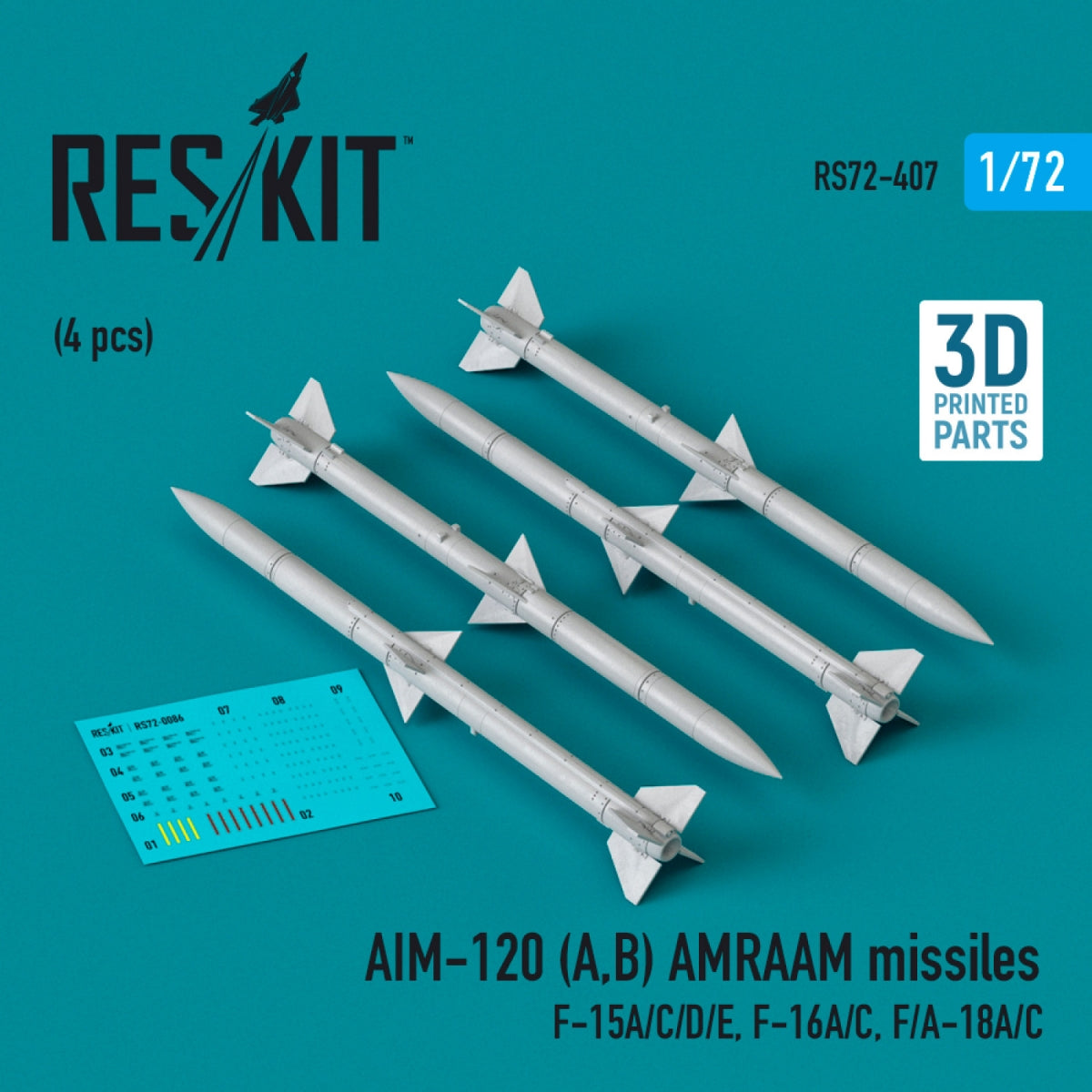 RESKIT RS72-0407 AIM-120 (A,B) AMRAAM missiles (4 pcs) (3D Printed) 1/72