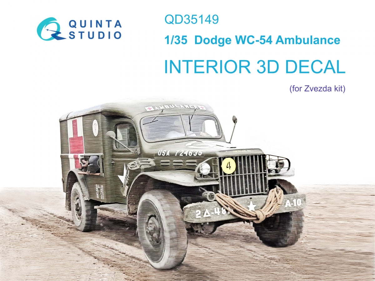 Intérieur imprimé en 3D et coloré sur papier décalcomanie (Zvezda) pour l&amp;#39;ambulance Dodge WC-54 de Quinta Studio QD35149, échelle 1/35