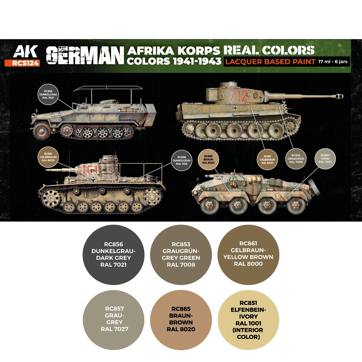 AK Interactive RCS124 German Afrika Korps Colors 1941-1943 6x17ml – immagine 2
