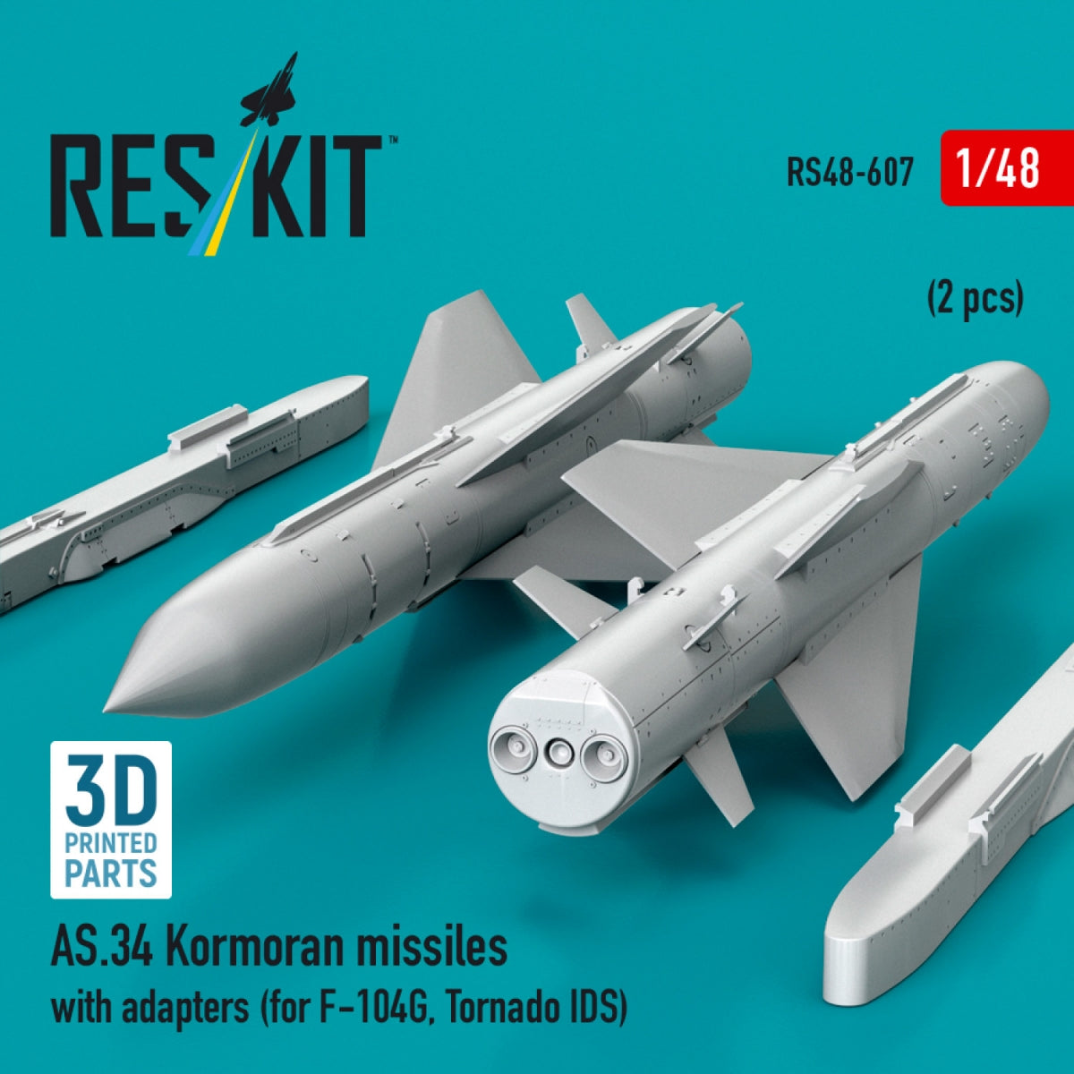 RESKIT RS48-0607 AS.34 Kormoran missiles with adapters (2 pcs) (for F-104G, Tornado IDS) (3D Printed) 1/48
