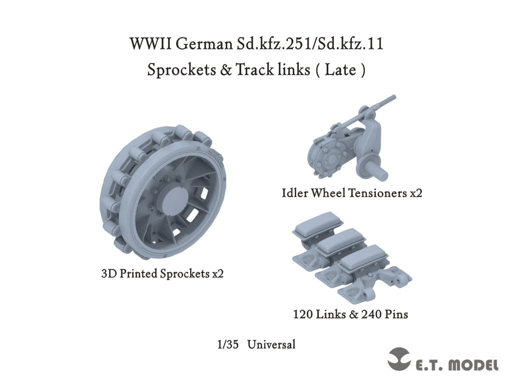 E.T. Model P35-406 WWII German Sd.kfz.251/Sd.kfz.11 Track links &amp;amp; Sprockets Late 3d Printed 1/35