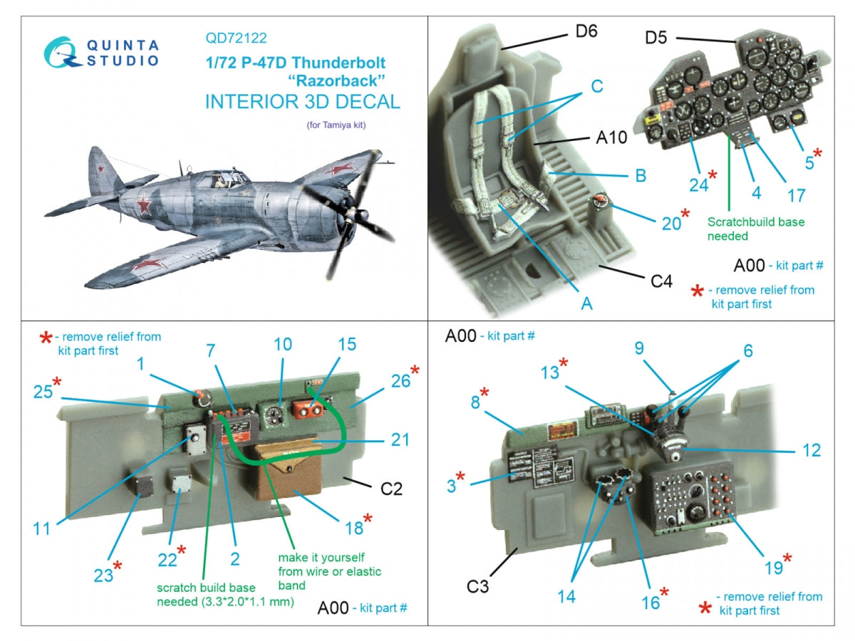 Intérieur imprimé en 3D et coloré sur papier décalcomanie Quinta Studio QD72122 P-47D Thunderbolt Razorback (Tamiya) 1/72 – image 2