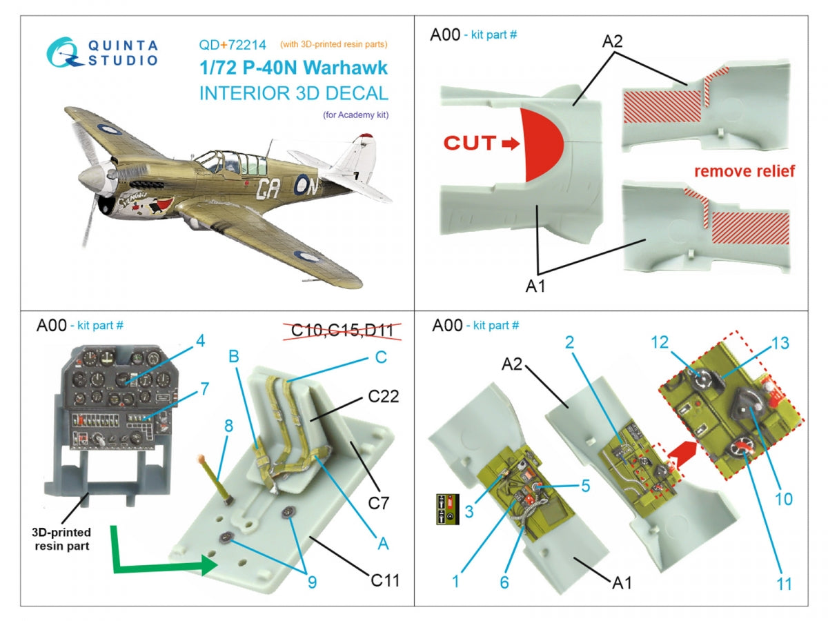 Quinta Studio QD+72214 P-40N Warhawk 3D-Printed &amp;amp; coloured Interior on decal paper (Academy) (with 3D-printed resin parts) 1/72 – Bild 11