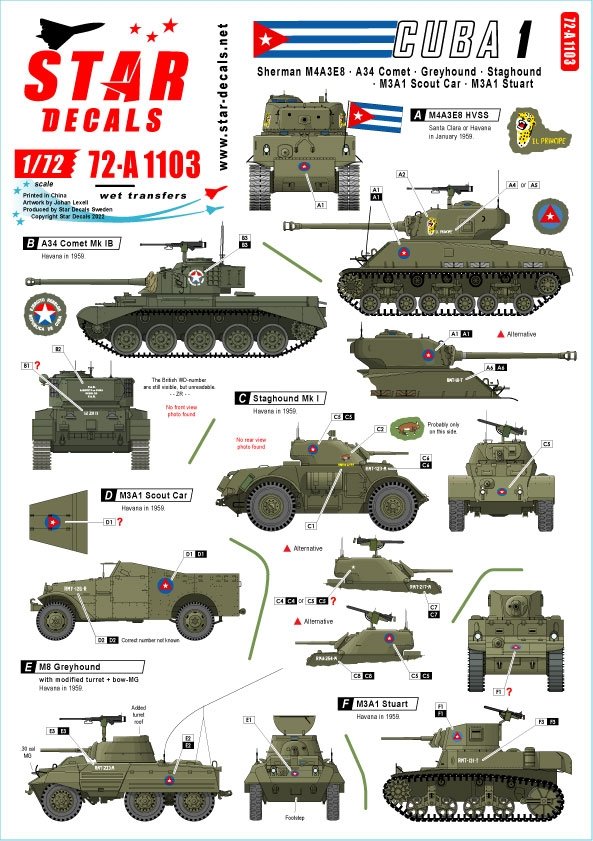 Star Decals 72-A1103 Tanks & AFVs in Cuba # 1. M4A3E8 Sherman, A34 Comet, Staghound, Greyhound, M3A1 White Scout Car, M3A1 Stuart. 1/72