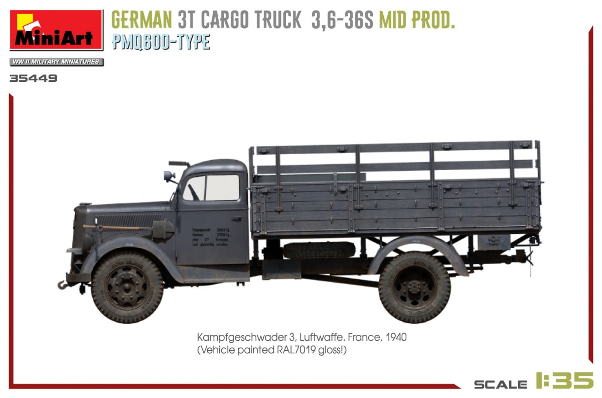 Miniart 35449 GERMAN 3T CARGO TRUCK 3,6-36S MID PROD. PMQ600-TYPE 1/35 – immagine 11
