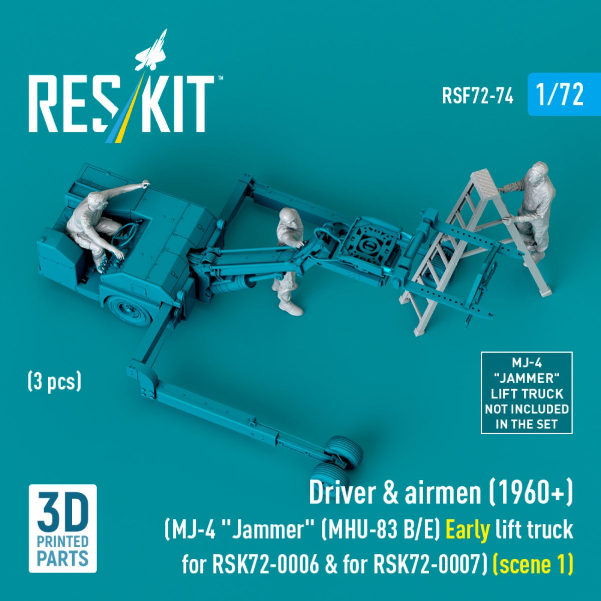 RESKIT RSF72-0074 Conducteur et aviateurs (1960+) (3 pièces) (MJ-4 « Jammer » (MHU-83 B/E) Chariot élévateur ancien pour RSK72-0006 et RSK72-0007) (scène 1) (Impression 3D) 1/72