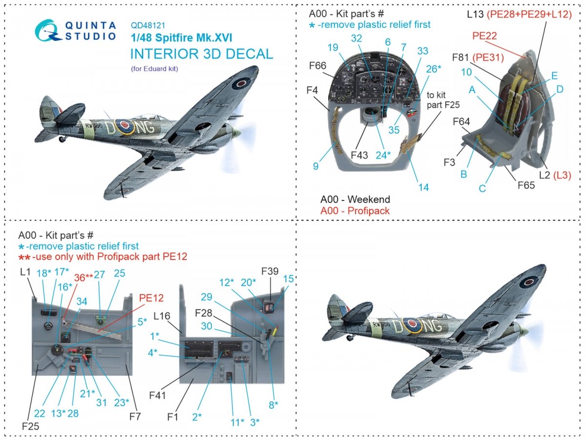 Quinta Studio QD48121 Spitfire Mk.XVI 3D-Printed &amp;amp; coloured Interior on decal paper (Eduard) 1/48 – Bild 12