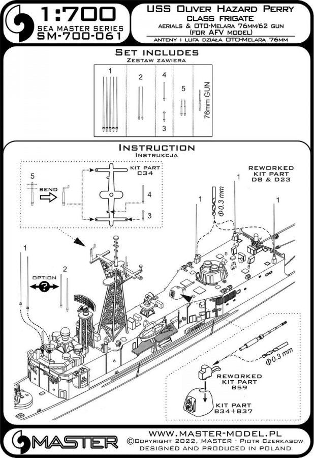 Master SM-700-061 Fregaty typu USS Oliver Hazard Perry - anteny oraz lufa działa OTO-Melara 76mm/62 (do modelu AFV i innych) – imagen 4