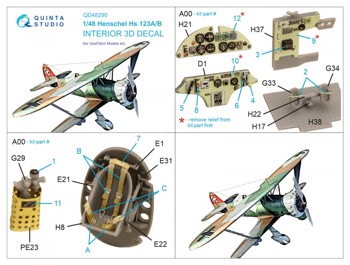 Quinta Studio QD48290 Henschel Hs 123A/B 3D-Printed &amp;amp; coloured Interior on decal paper (GasPatch models) 1/48 – imagen 2