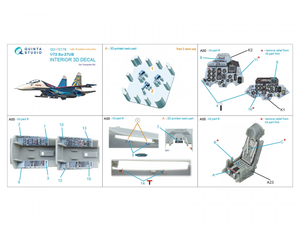 Quinta Studio QD+72178 Su-27UB 3D-Printed &amp;amp; coloured Interior on decal paper (Trumpeter) (with 3D-printed resin part) 1/72 – Bild 2