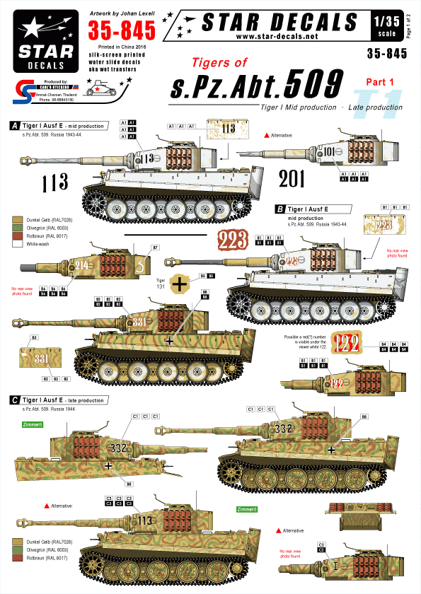 Star Decals 35-845 Tigres du s.Pz.Abt. 509 n° 1 1/35