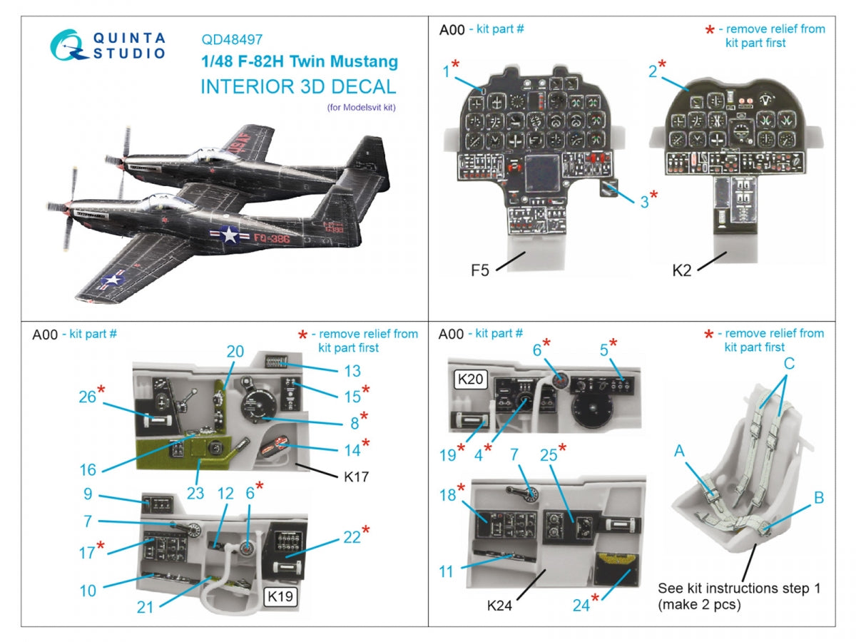 Quinta Studio QD48497 F-82H Twin Mustang 3D-Printed coloured Interior on decal paper (Modelsvit) 1/48 – Bild 2