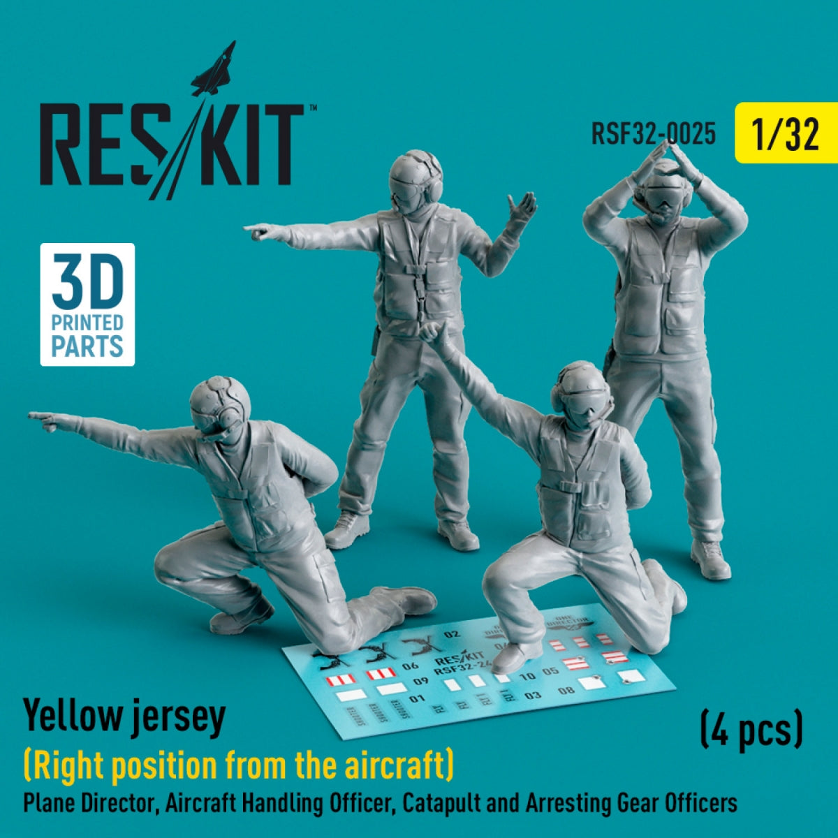 RESKIT RSF32-0025 MAILLOT JAUNE (POSITION DROITE PAR RAPPORT À L'AVION) DIRECTEUR DE VOL, OFFICIER DE MANŒUVRE, OFFICIERS DE CATAPULTE ET DE PISTE D'ARRÊT (4 PIÈCES) (IMPRIMÉ EN 3D) 1/32