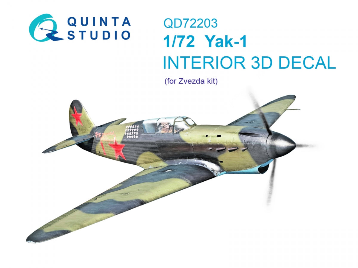 Quinta Studio QD72203 Yak-1 3D-Printed &amp; colored Interior on decal paper (Zvezda) 1/72