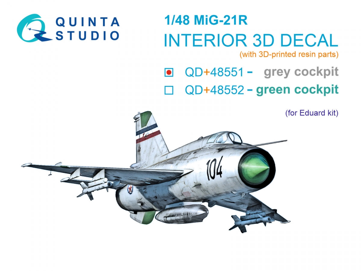 Quinta Studio QD+48551 MiG-21R (grey cockpit panels) 3D-Printed &amp;amp; coloured Interior on decal paper (Eduard) (with 3D-printed resin parts) 1/48