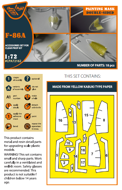 Clear Prop! CPA72162 F-86A double-sided painting mask on &amp;quot;yellow kabuki paper&amp;quot; for CP kits 1/72 – imagen 2