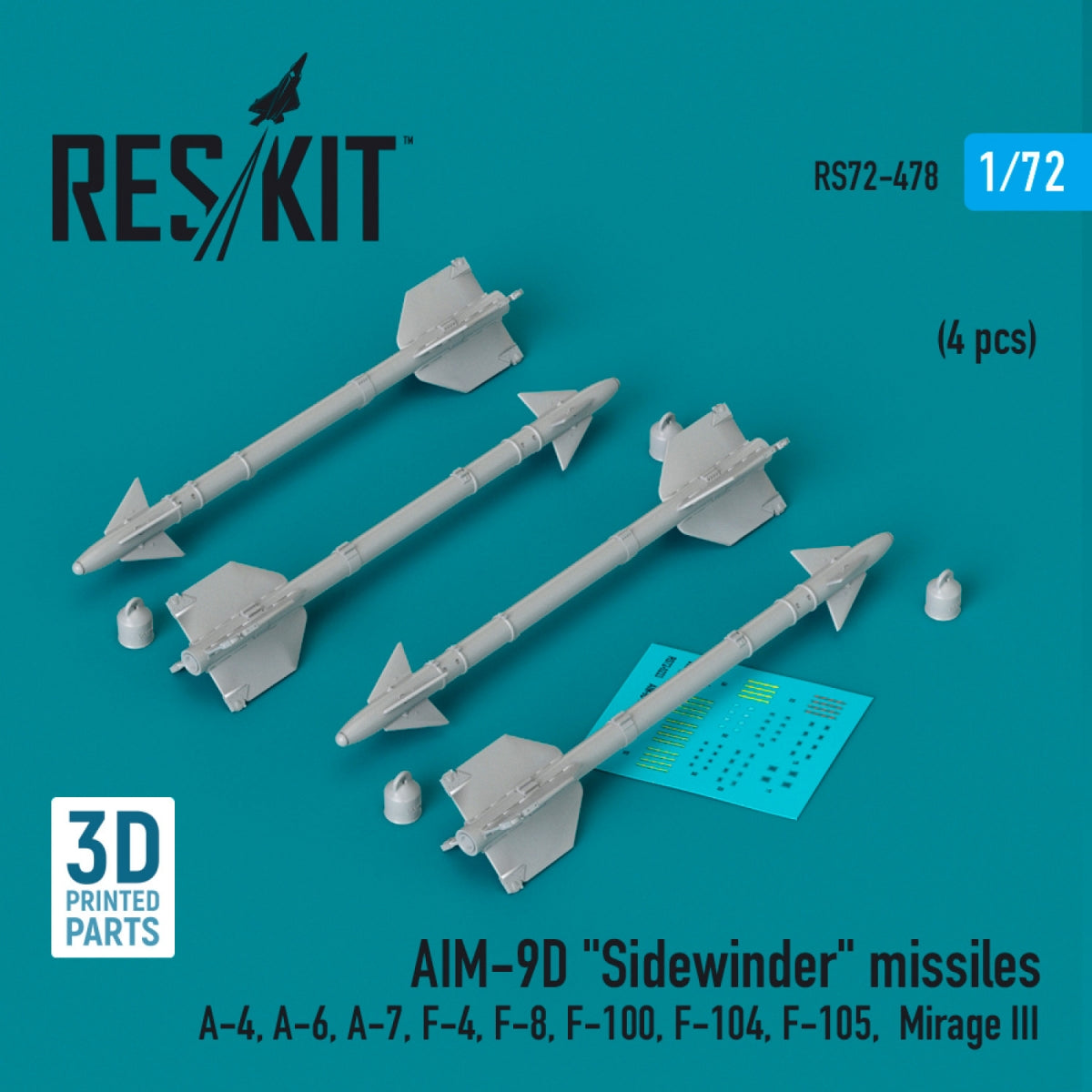 RESKIT RS72-0478 AIM-9D &amp;quot;Sidewinder&amp;quot; missiles (4 pcs) (3D Printed) 1/72