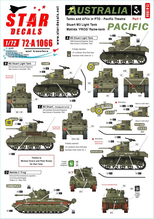 Star Decals 72-A1066 Australie dans le Pacifique n° 1. Char léger M3 Stuart et char lance-flammes Matilda Frog dans le Pacifique. Échelle 1/72