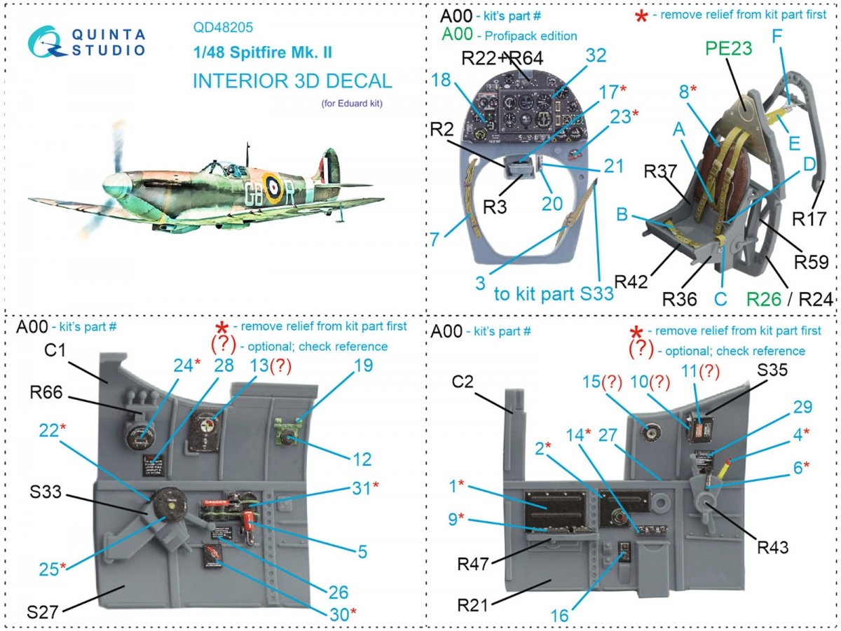Quinta Studio QD48205 Spitfire Mk.II 3D-Printed &amp;amp; coloured Interior on decal paper (Eduard) 1/48 – Bild 12